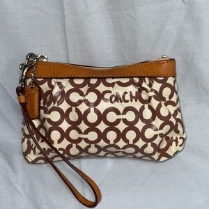 Coach Signature Optic Cream and Brown coated leather and canvas wristlet wallet